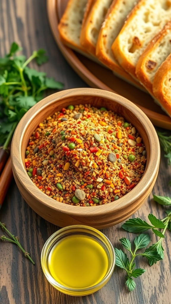 A bowl of homemade bread dipping spice mix with olive oil and crusty bread.
